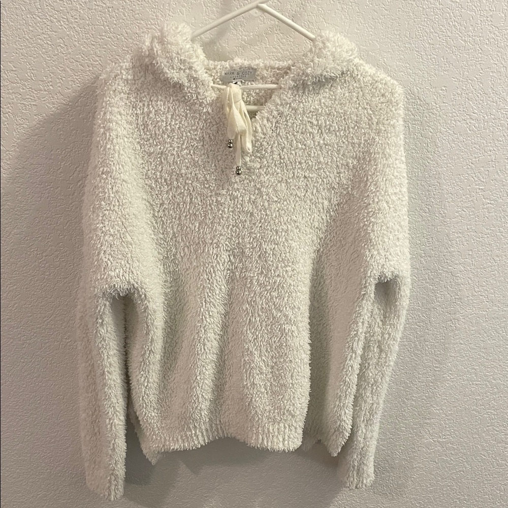 Cozy White Fuzzy Cowl Neck Sweater